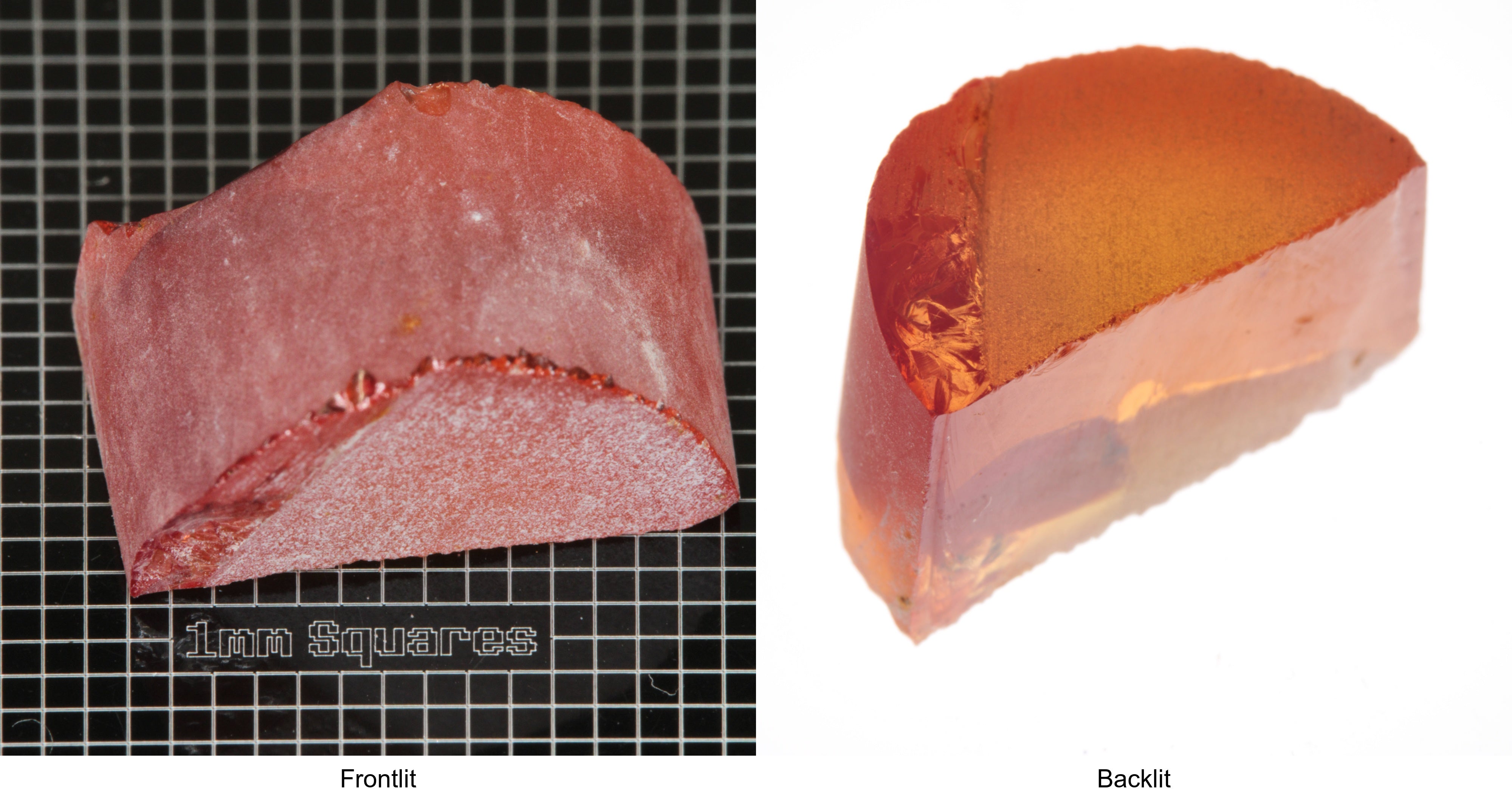 Rough Orange Flame Fusion Sapphire, Semicircle Shaped Piece shown in both normal light and backlit.