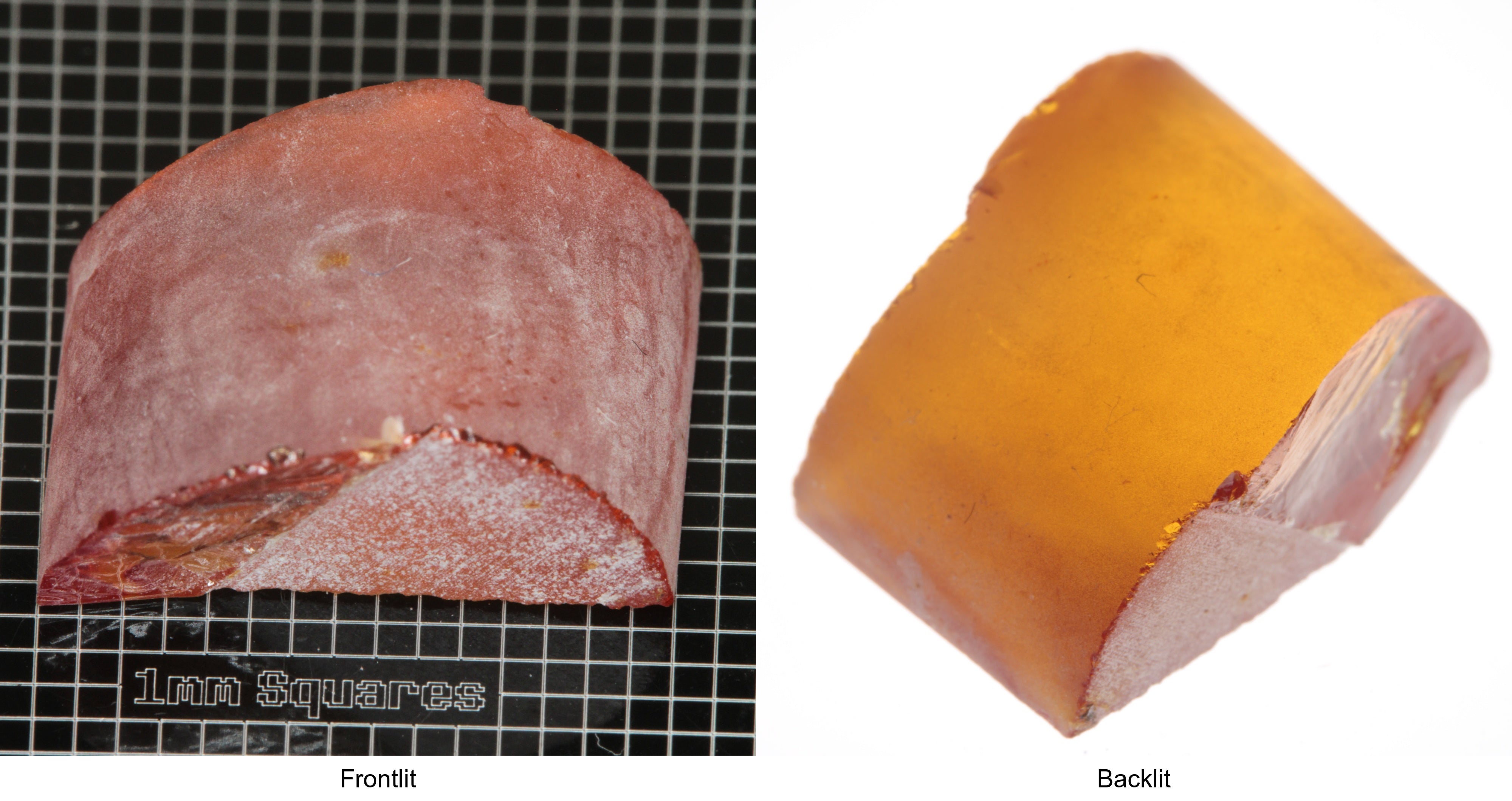 Rough Orange Flame Fusion Sapphire, Semicircle Shaped Piece shown in both normal light and backlit.