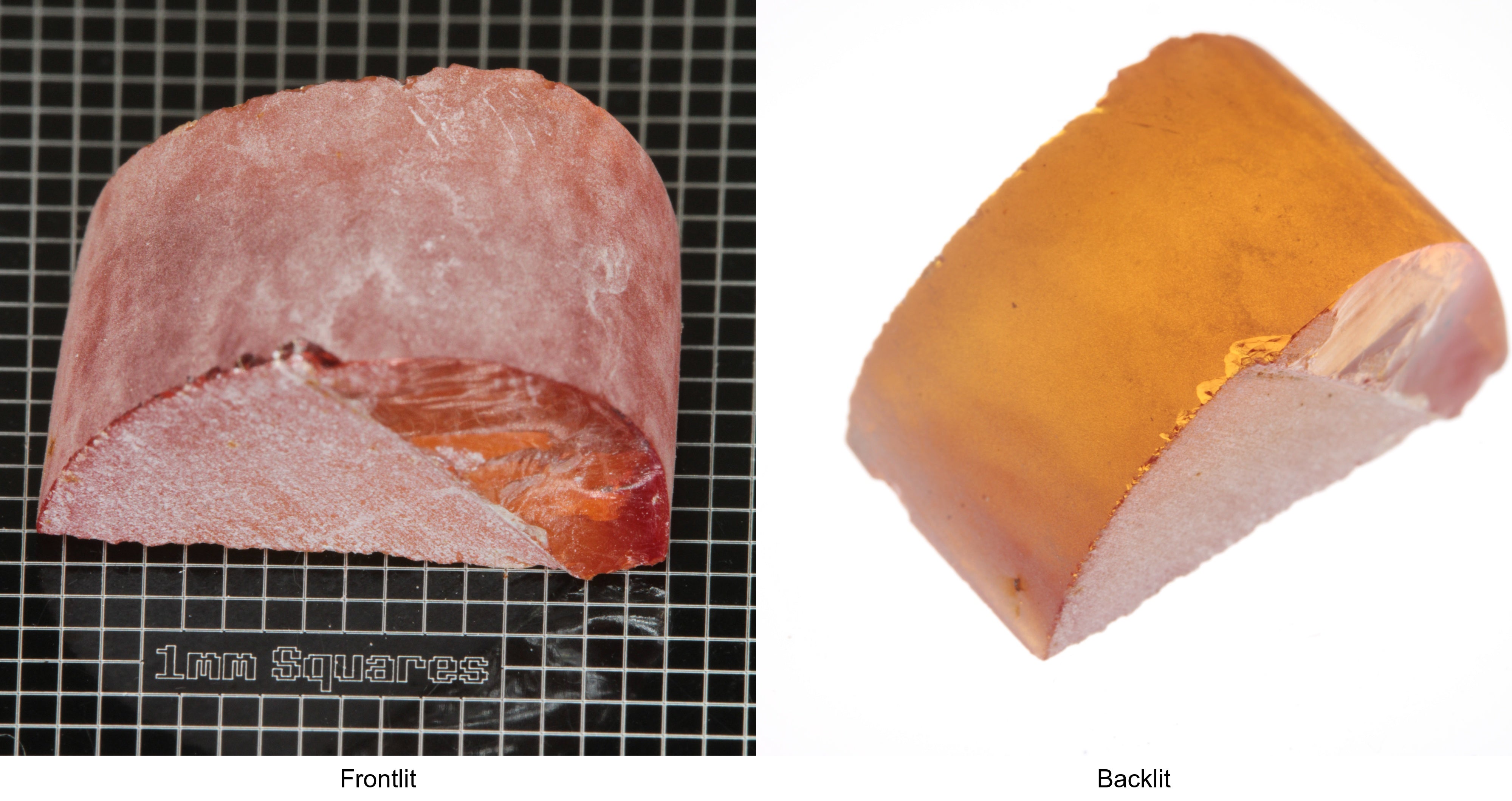 Rough Orange Flame Fusion Sapphire, Semicircle Shaped Piece shown in both normal light and backlit.