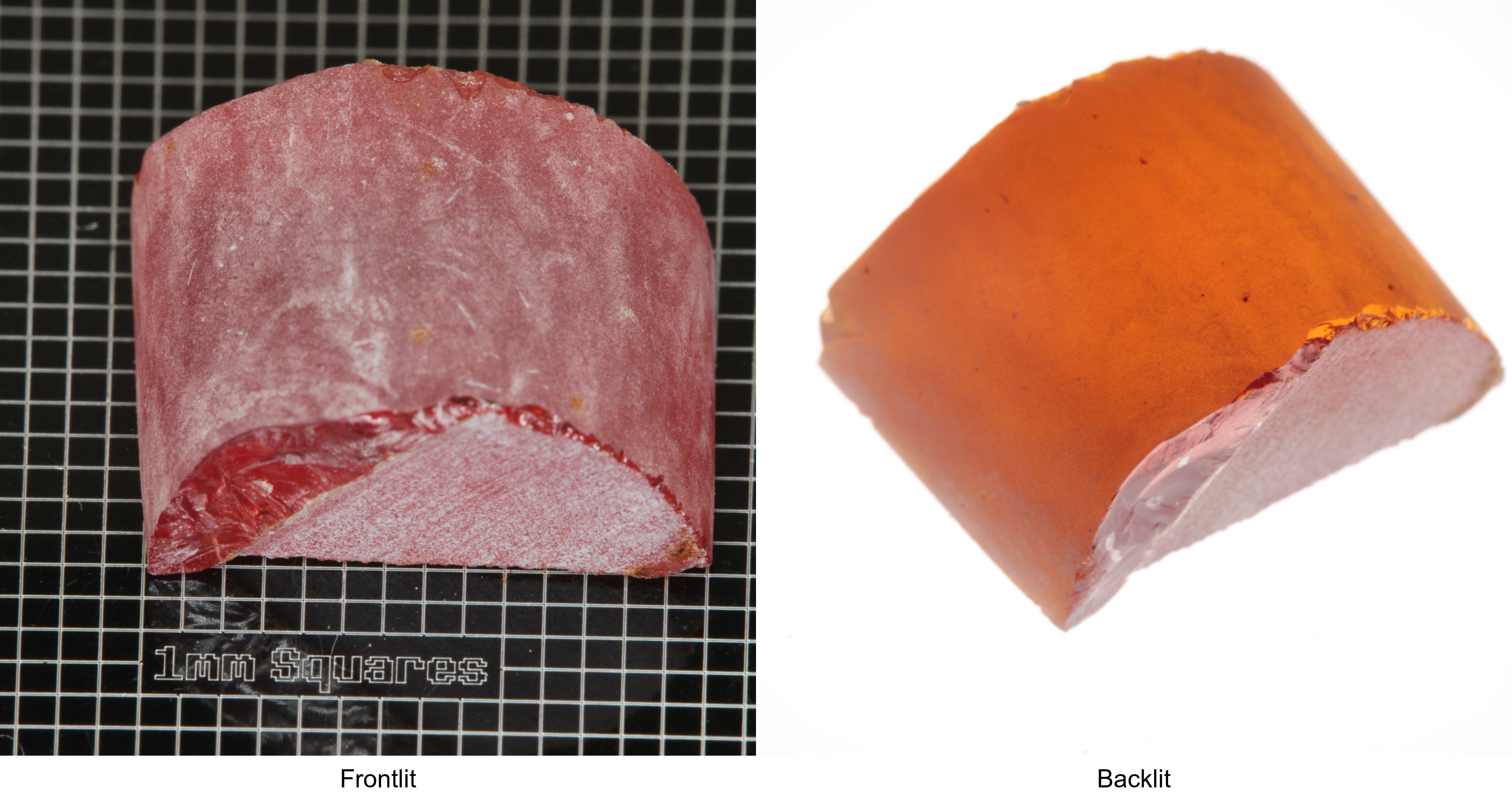 Rough Orange Flame Fusion Sapphire, Semicircle Shaped Piece shown in both normal light and backlit.