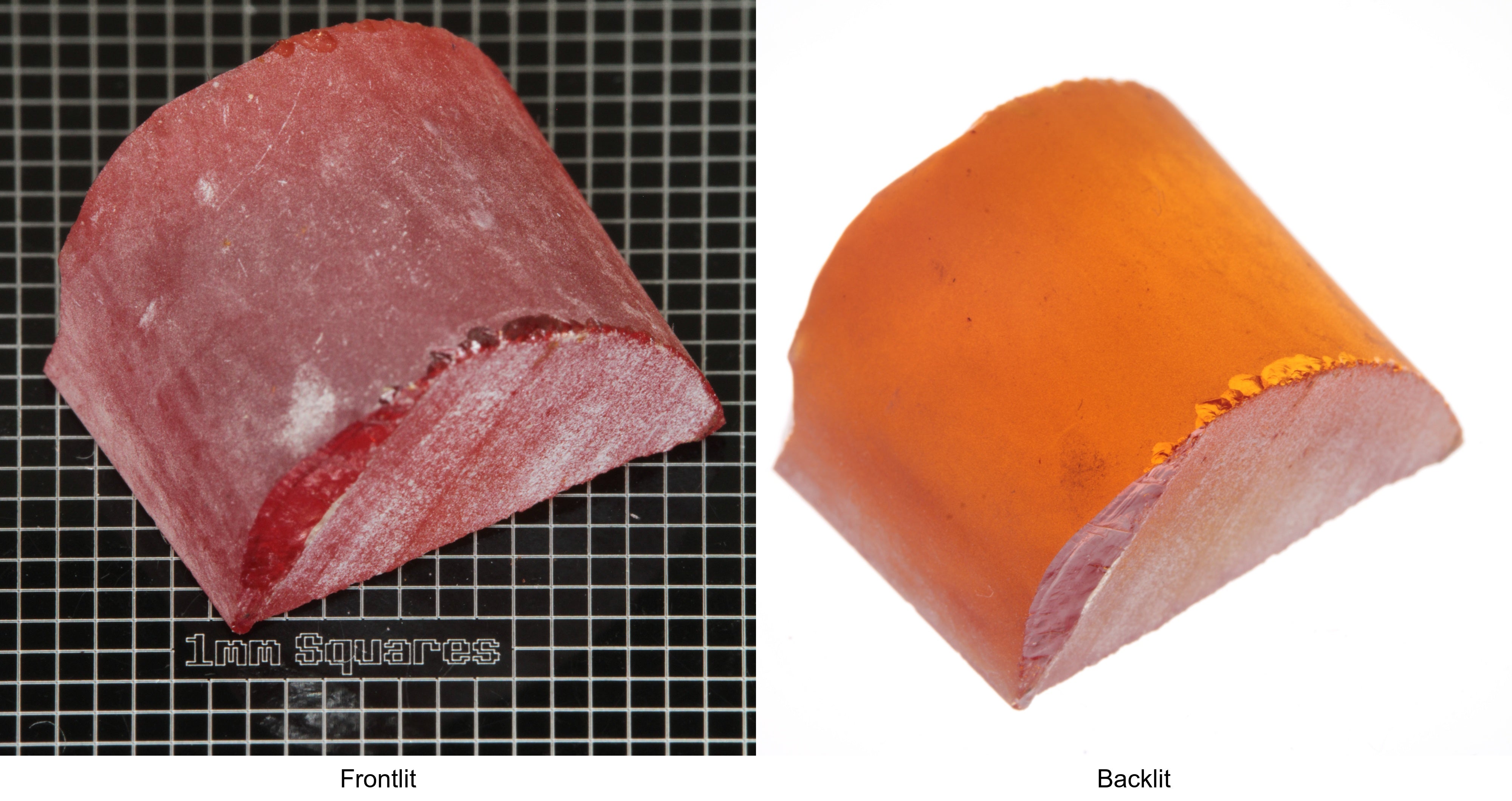 Rough Orange Flame Fusion Sapphire, Semicircle Shaped Piece shown in both normal light and backlit.