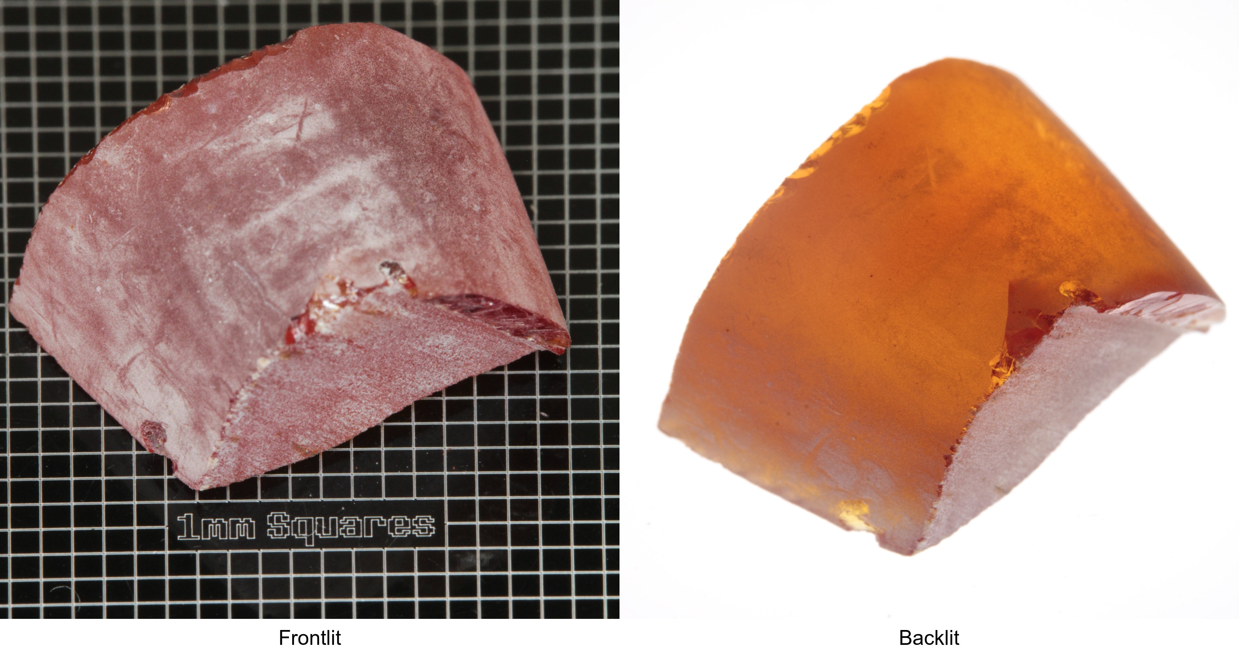 Rough Orange Flame Fusion Sapphire, Semicircle Shaped Piece shown in both normal light and backlit.