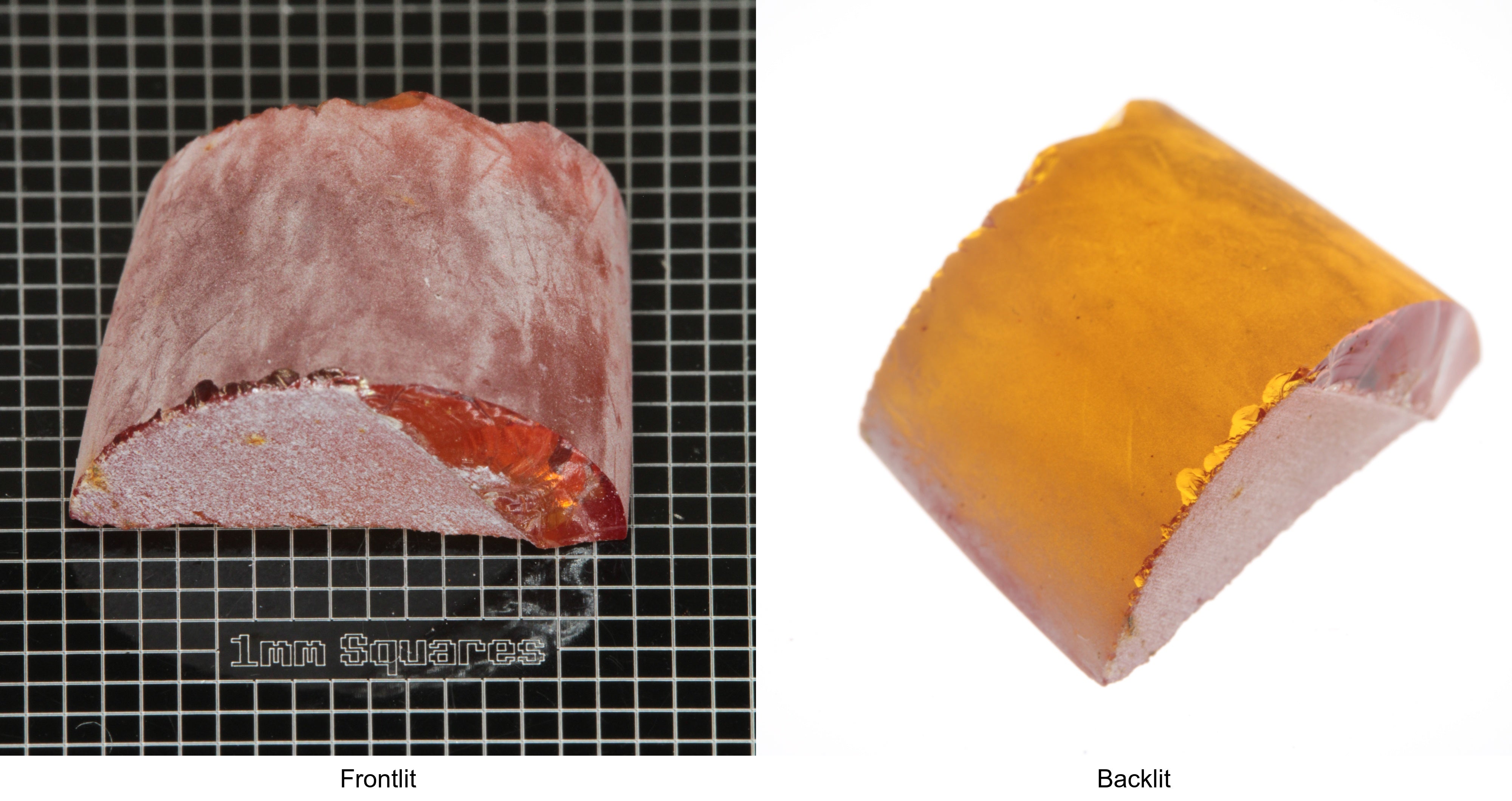 Rough Orange Flame Fusion Sapphire, Semicircle Shaped Piece shown in both normal light and backlit.