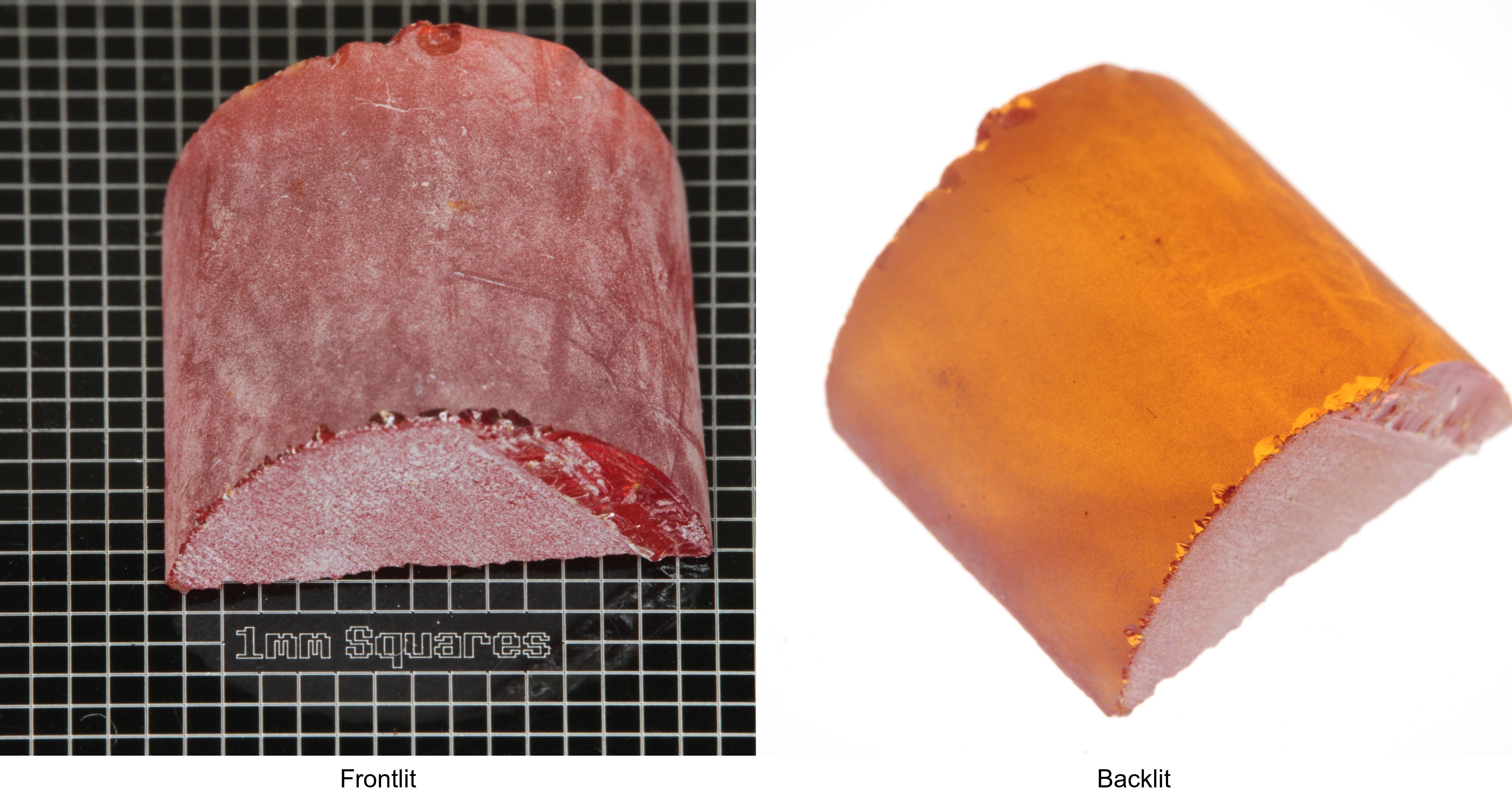 Rough Orange Flame Fusion Sapphire, Semicircle Shaped Piece shown in both normal light and backlit.
