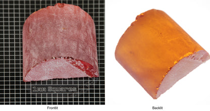 Rough Orange Flame Fusion Sapphire, Semicircle Shaped Piece shown in both normal light and backlit.