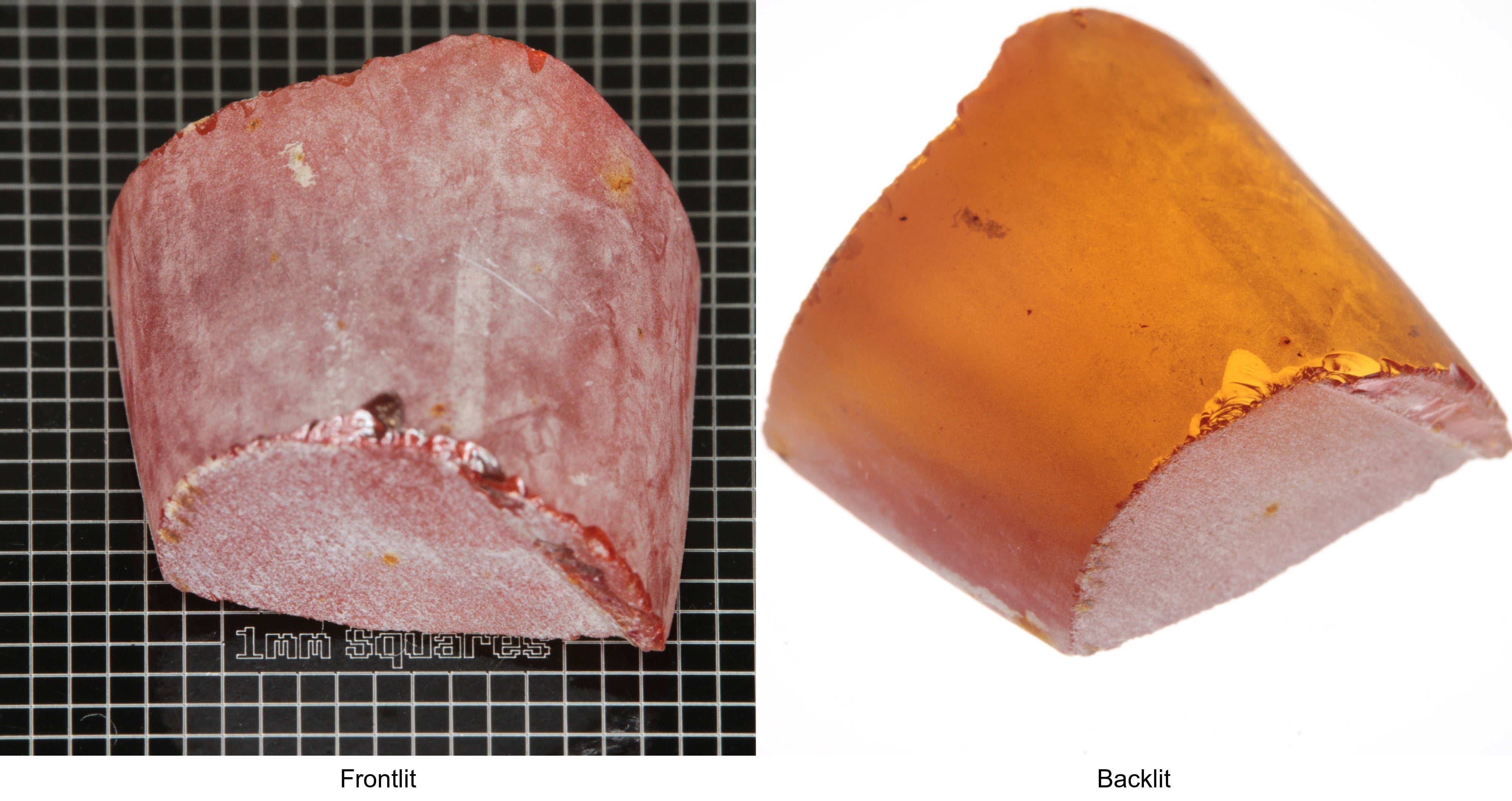 Rough Orange Flame Fusion Sapphire, Semicircle Shaped Piece shown in both normal light and backlit.