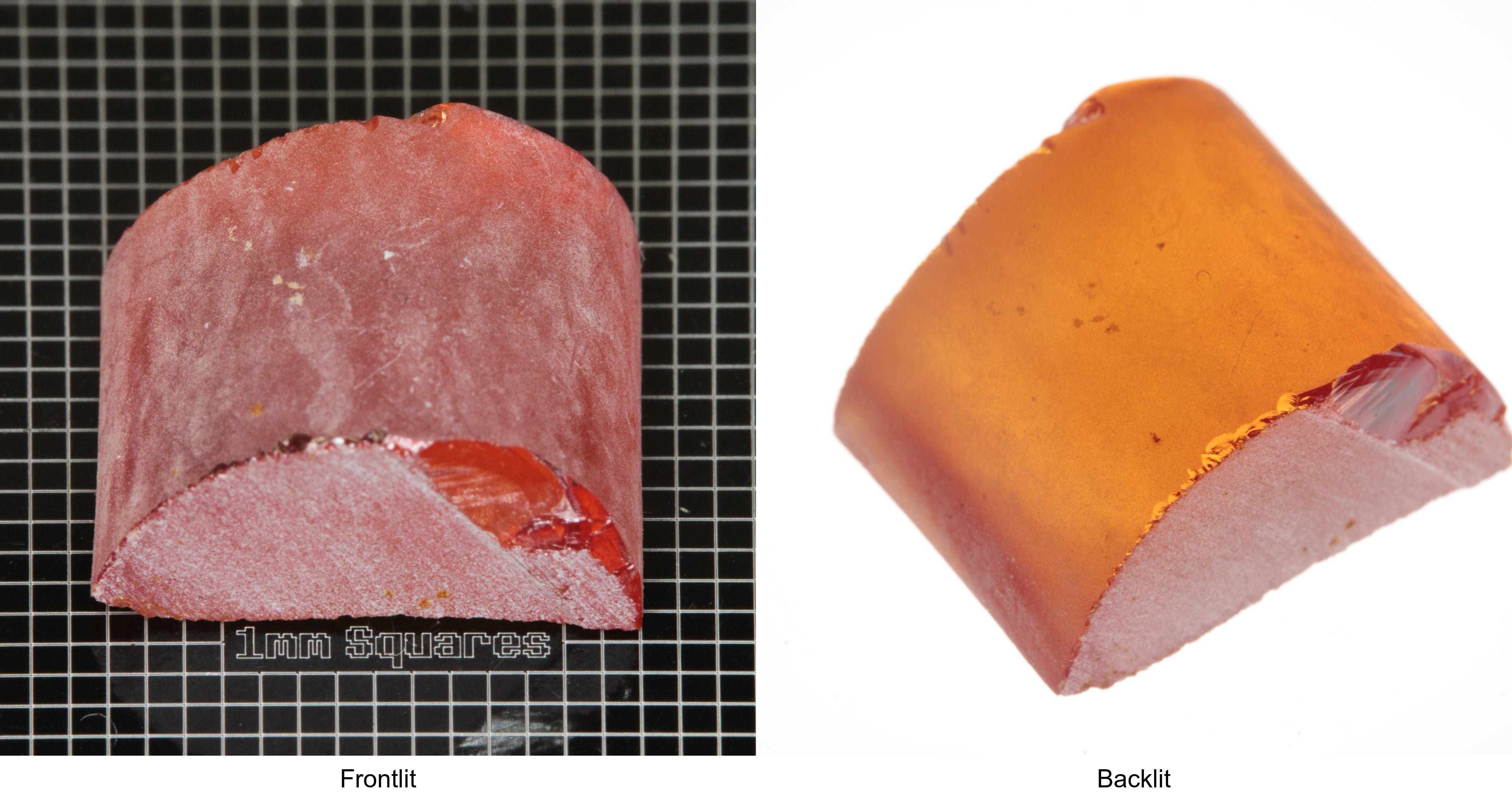 Rough Orange Flame Fusion Sapphire, Semicircle Shaped Piece shown in both normal light and backlit.