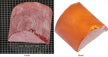 Rough Orange Flame Fusion Sapphire, Semicircle Shaped Piece shown in both normal light and backlit.