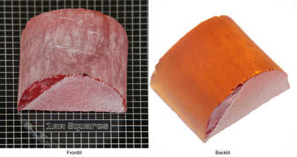 Rough Orange Flame Fusion Sapphire, Semicircle Shaped Piece shown in both normal light and backlit.