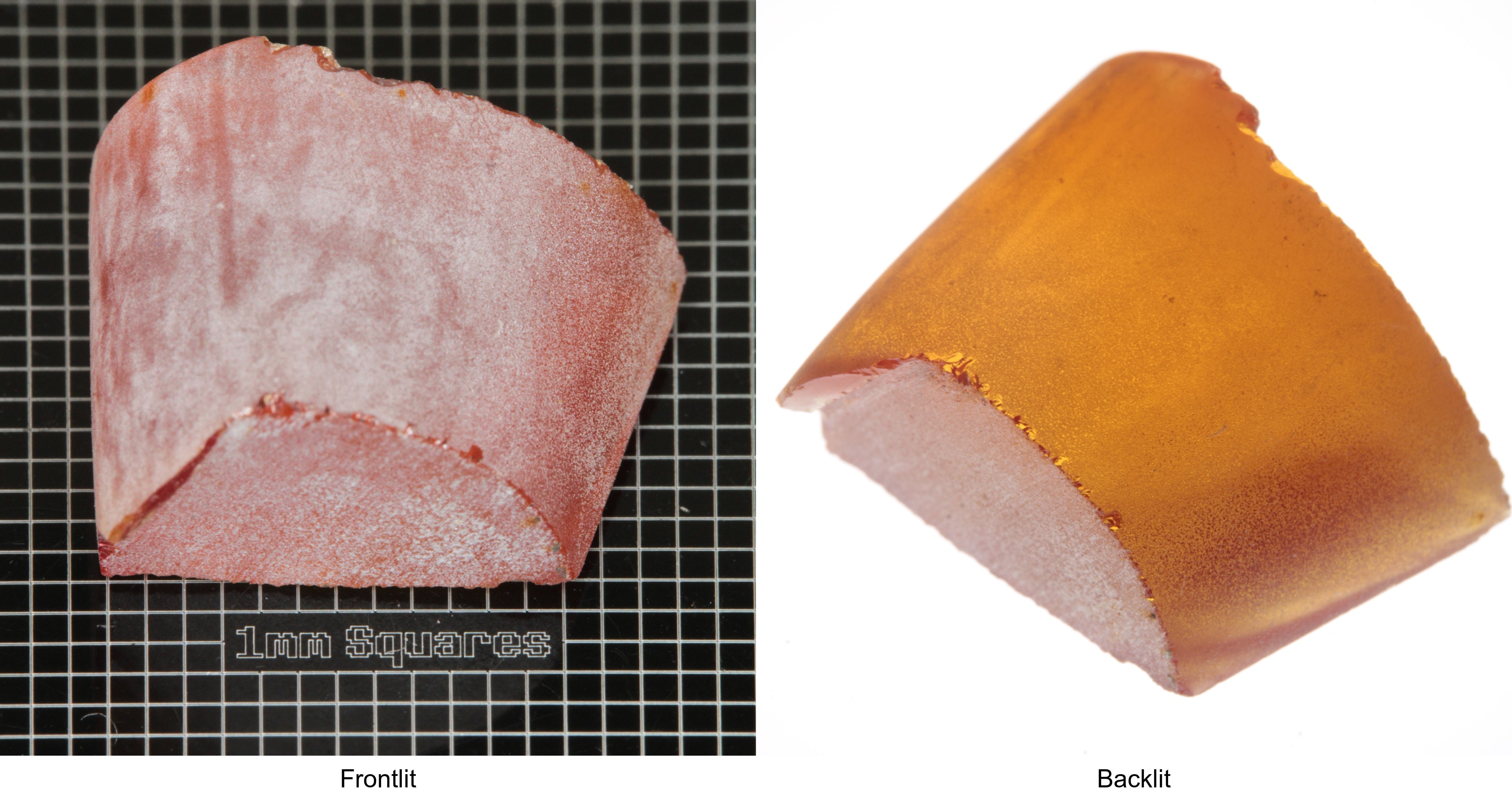 Rough Orange Flame Fusion Sapphire, Semicircle Shaped Piece shown in both normal light and backlit.