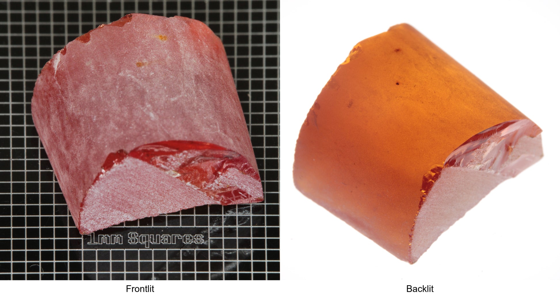 Rough Orange Flame Fusion Sapphire, Semicircle Shaped Piece shown in both normal light and backlit.