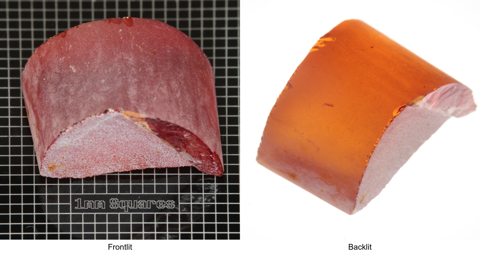 Rough Orange Flame Fusion Sapphire, Semicircle Shaped Piece shown in both normal light and backlit.
