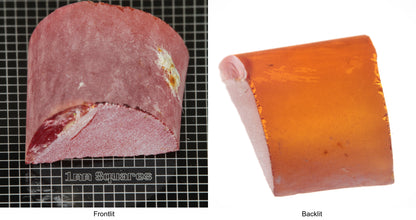 Rough Orange Flame Fusion Sapphire, Semicircle Shaped Piece shown in both normal light and backlit.
