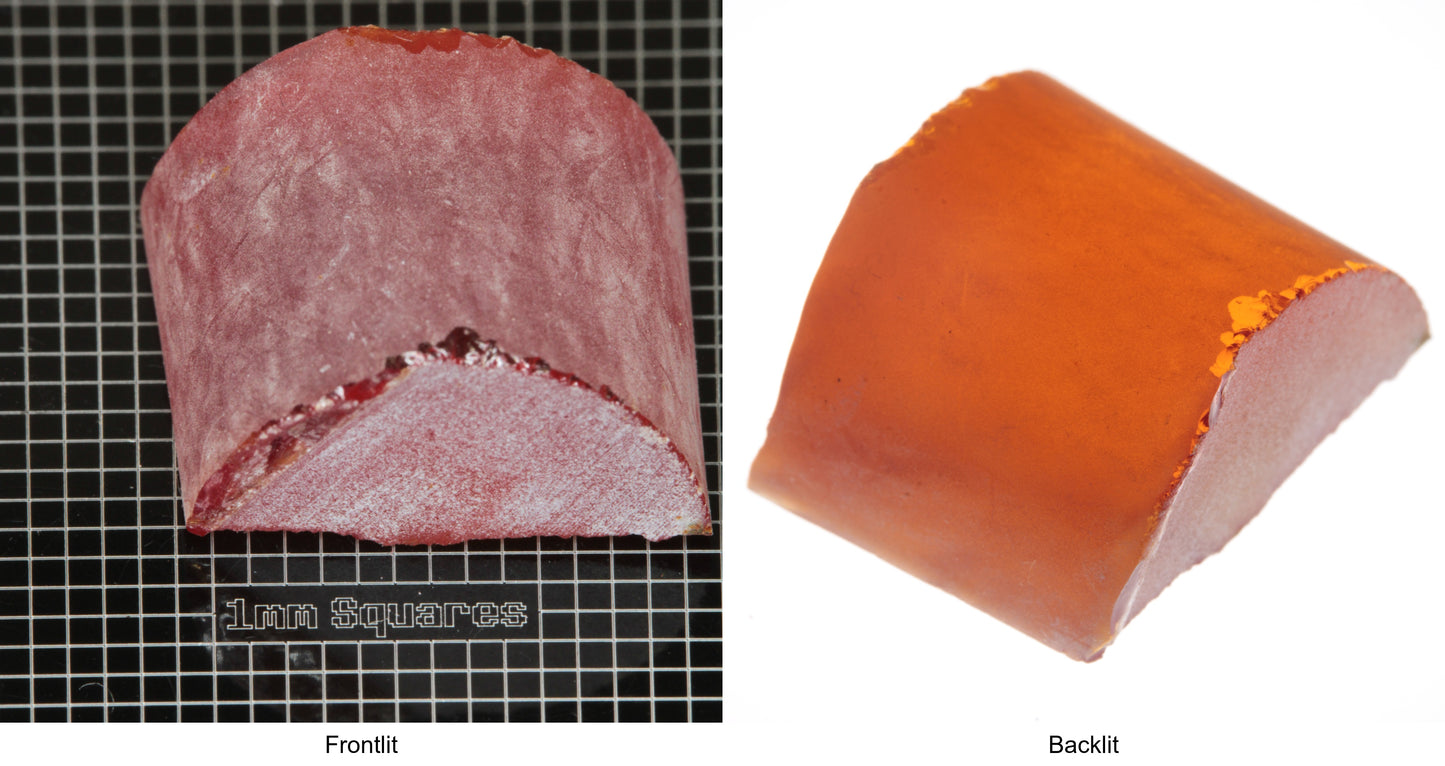 Rough Orange Flame Fusion Sapphire, Semicircle Shaped Piece shown in both normal light and backlit.