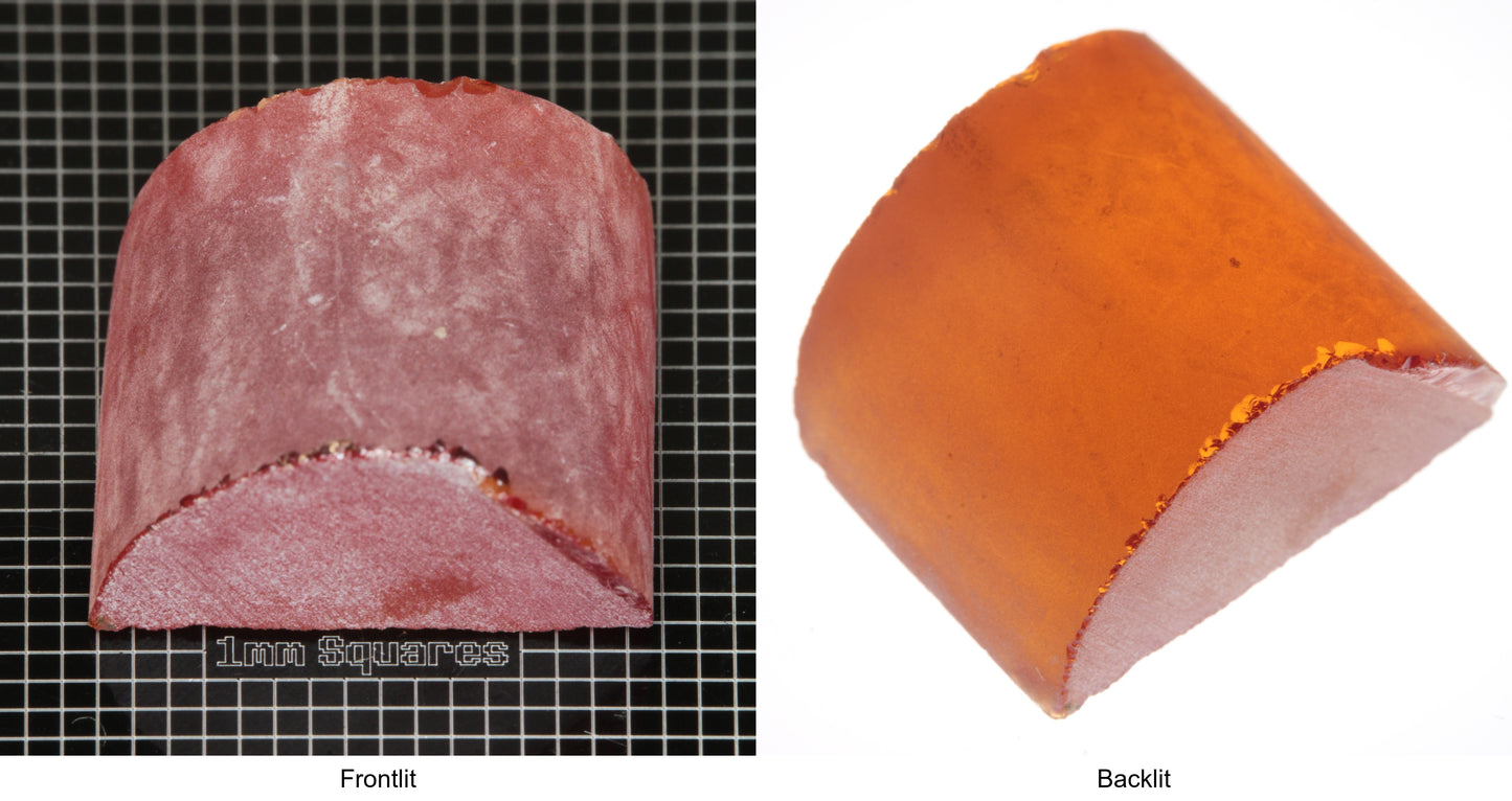 Rough Orange Flame Fusion Sapphire, Semicircle Shaped Piece shown in both normal light and backlit.