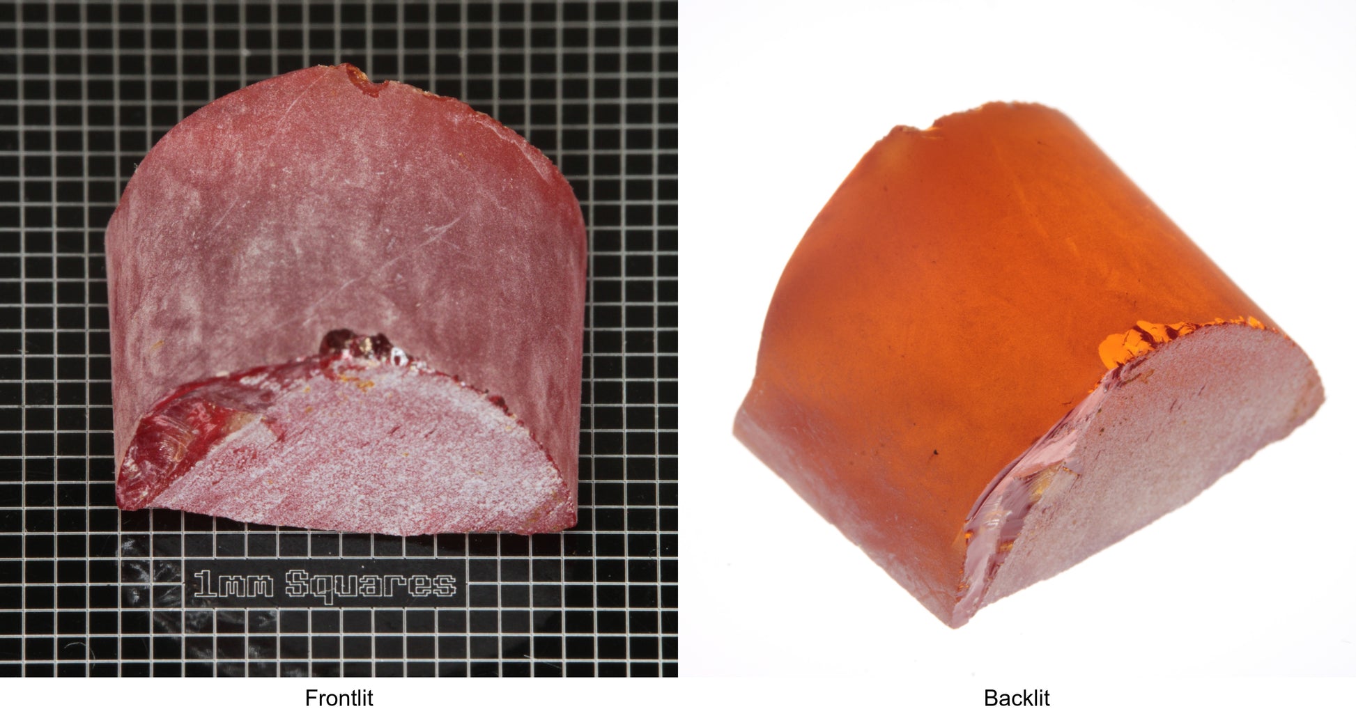 Rough Orange Flame Fusion Sapphire, Semicircle Shaped Piece shown in both normal light and backlit.