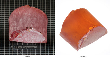 Rough Orange Flame Fusion Sapphire, Semicircle Shaped Piece shown in both normal light and backlit.
