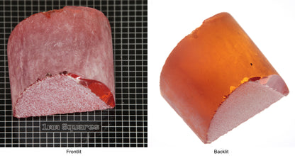 Rough Orange Flame Fusion Sapphire, Semicircle Shaped Piece shown in both normal light and backlit.