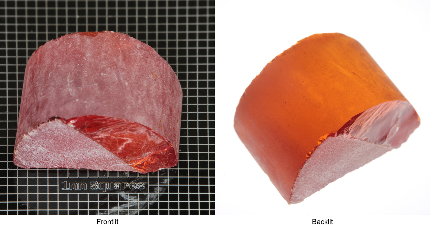 Rough Orange Flame Fusion Sapphire, Semicircle Shaped Piece shown in both normal light and backlit.