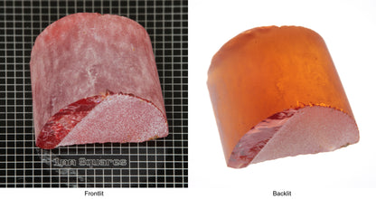 Rough Orange Flame Fusion Sapphire, Semicircle Shaped Piece shown in both normal light and backlit.