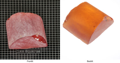 Rough Orange Flame Fusion Sapphire, Semicircle Shaped Piece shown in both normal light and backlit.