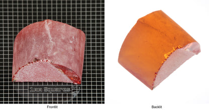 Rough Orange Flame Fusion Sapphire, Semicircle Shaped Piece shown in both normal light and backlit.