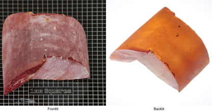 Rough Orange Flame Fusion Sapphire, Semicircle Shaped Piece shown in both normal light and backlit.
