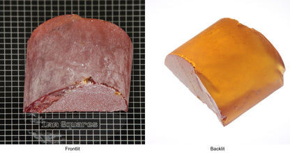 Rough Orange Flame Fusion Sapphire, Semicircle Shaped Piece shown in both normal light and backlit.