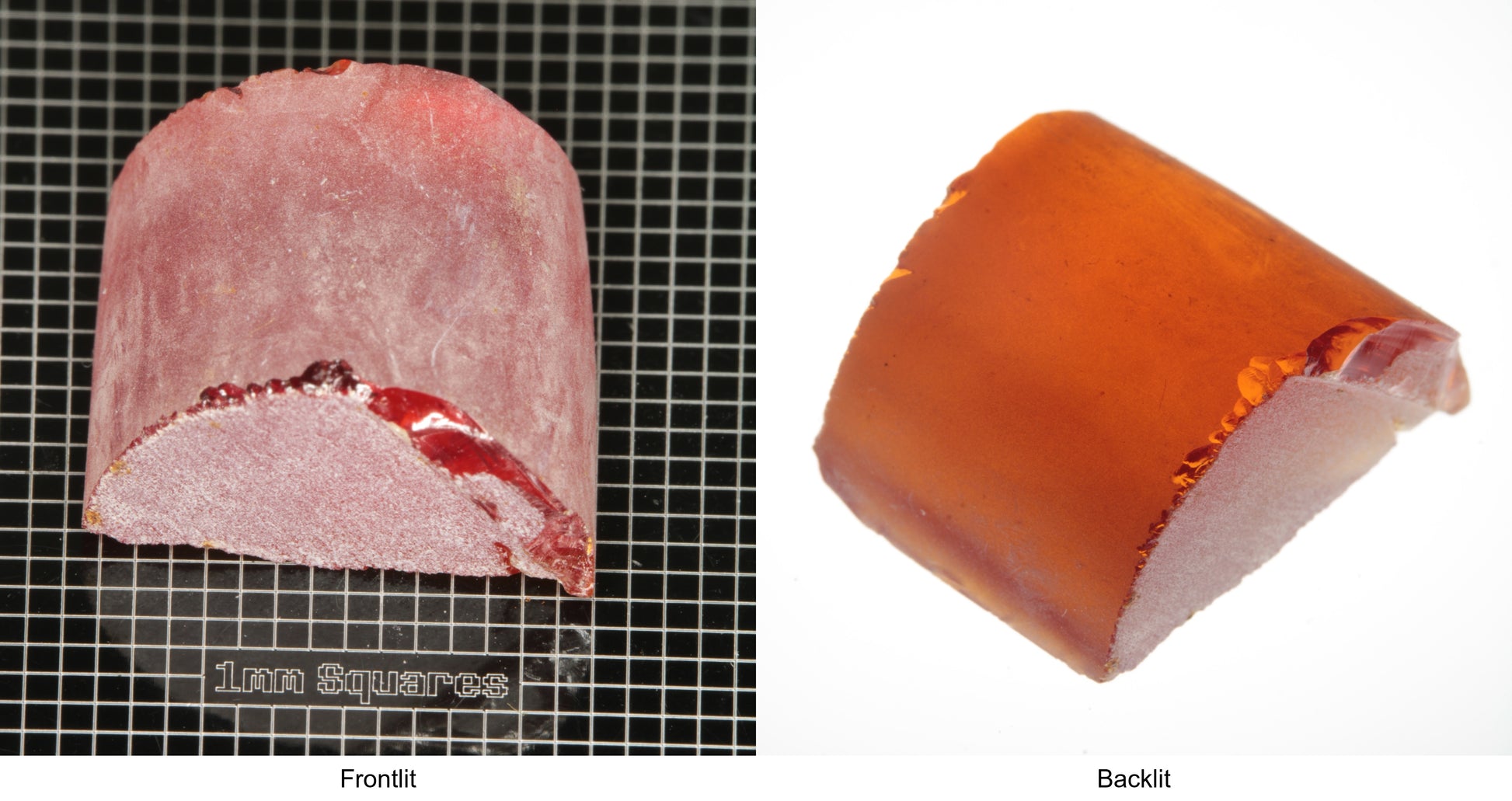 Rough Orange Flame Fusion Sapphire, Semicircle Shaped Piece shown in both normal light and backlit.