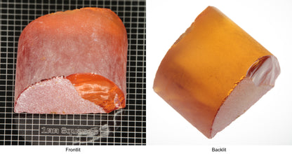 Rough Orange Flame Fusion Sapphire, Semicircle Shaped Piece shown in both normal light and backlit.