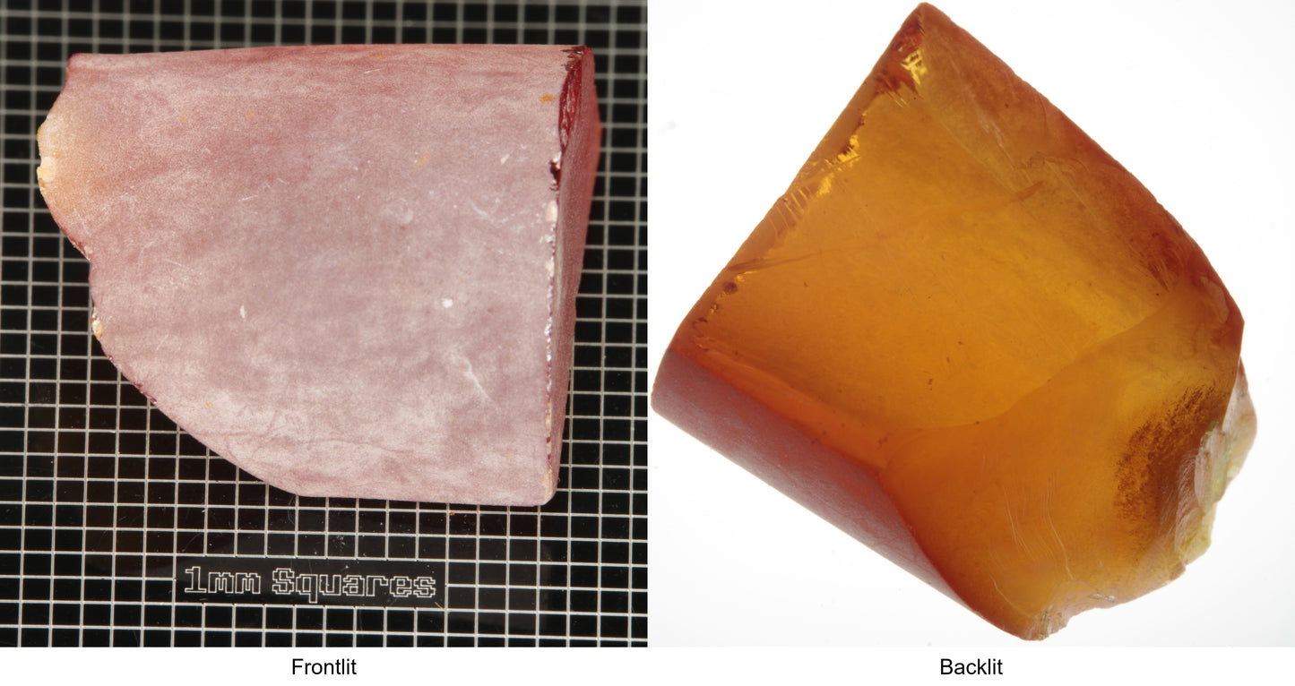 Rough Orange Flame Fusion Sapphire, Semicircle Shaped Piece shown in both normal light and backlit.