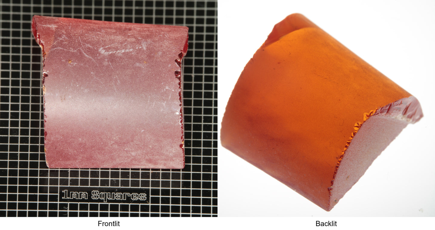 Rough Orange Flame Fusion Sapphire, Semicircle Shaped Piece shown in both normal light and backlit.