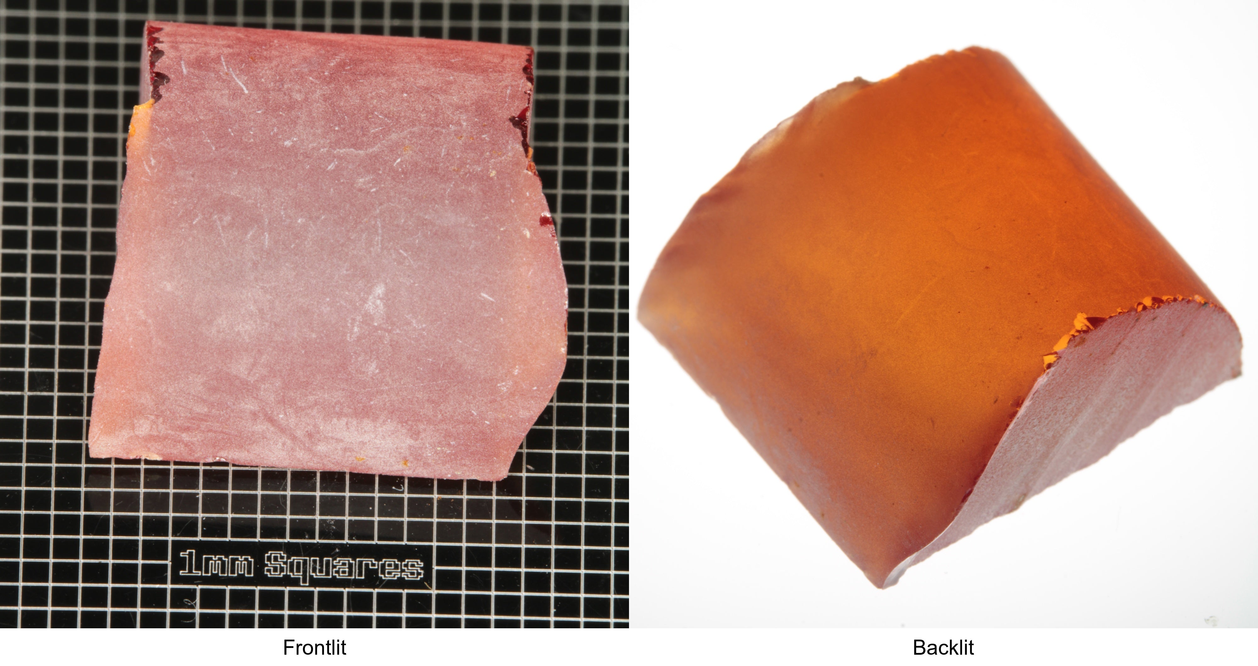 Rough Orange Flame Fusion Sapphire, Semicircle Shaped Piece shown in both normal light and backlit.