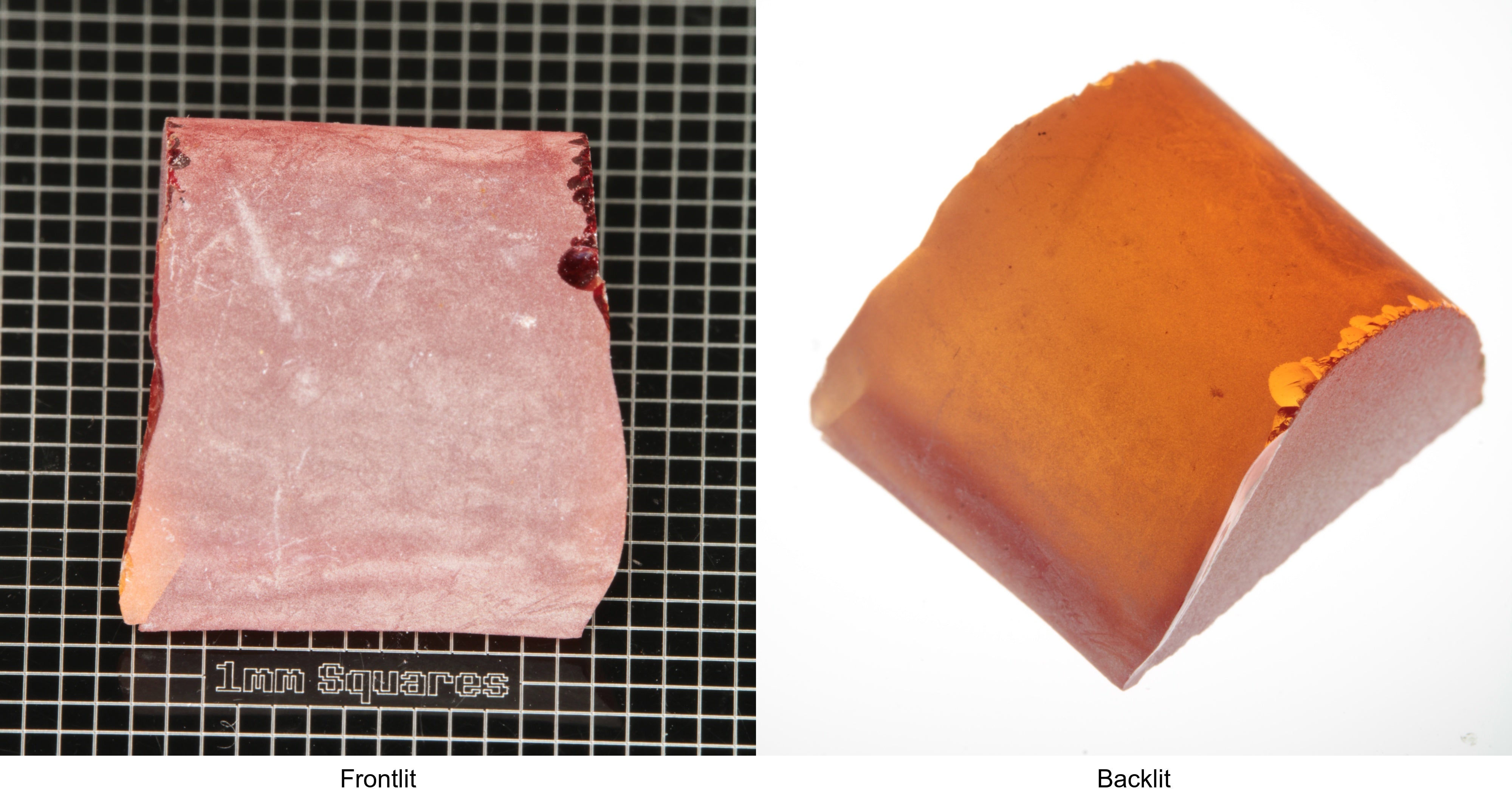 Rough Orange Flame Fusion Sapphire, Semicircle Shaped Piece shown in both normal light and backlit.