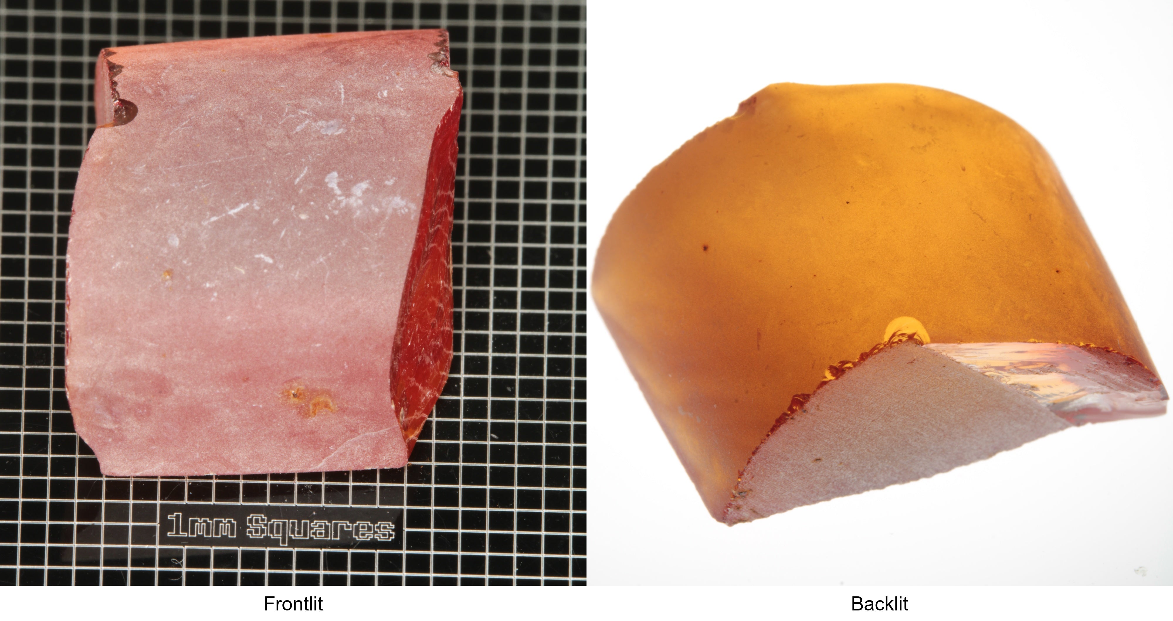 Rough Orange Flame Fusion Sapphire, Semicircle Shaped Piece shown in both normal light and backlit.