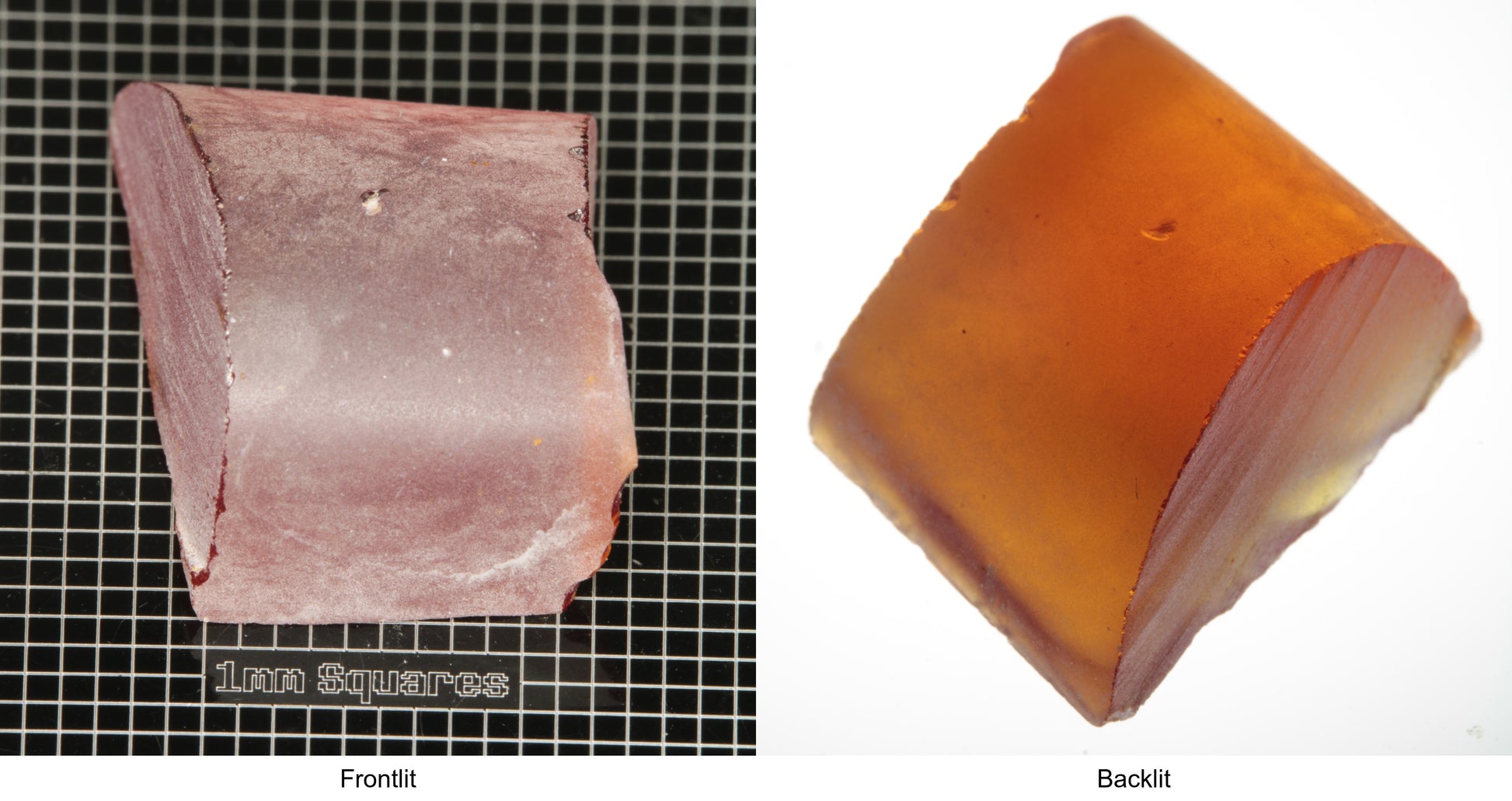 Rough Orange Flame Fusion Sapphire, Semicircle Shaped Piece shown in both normal light and backlit.