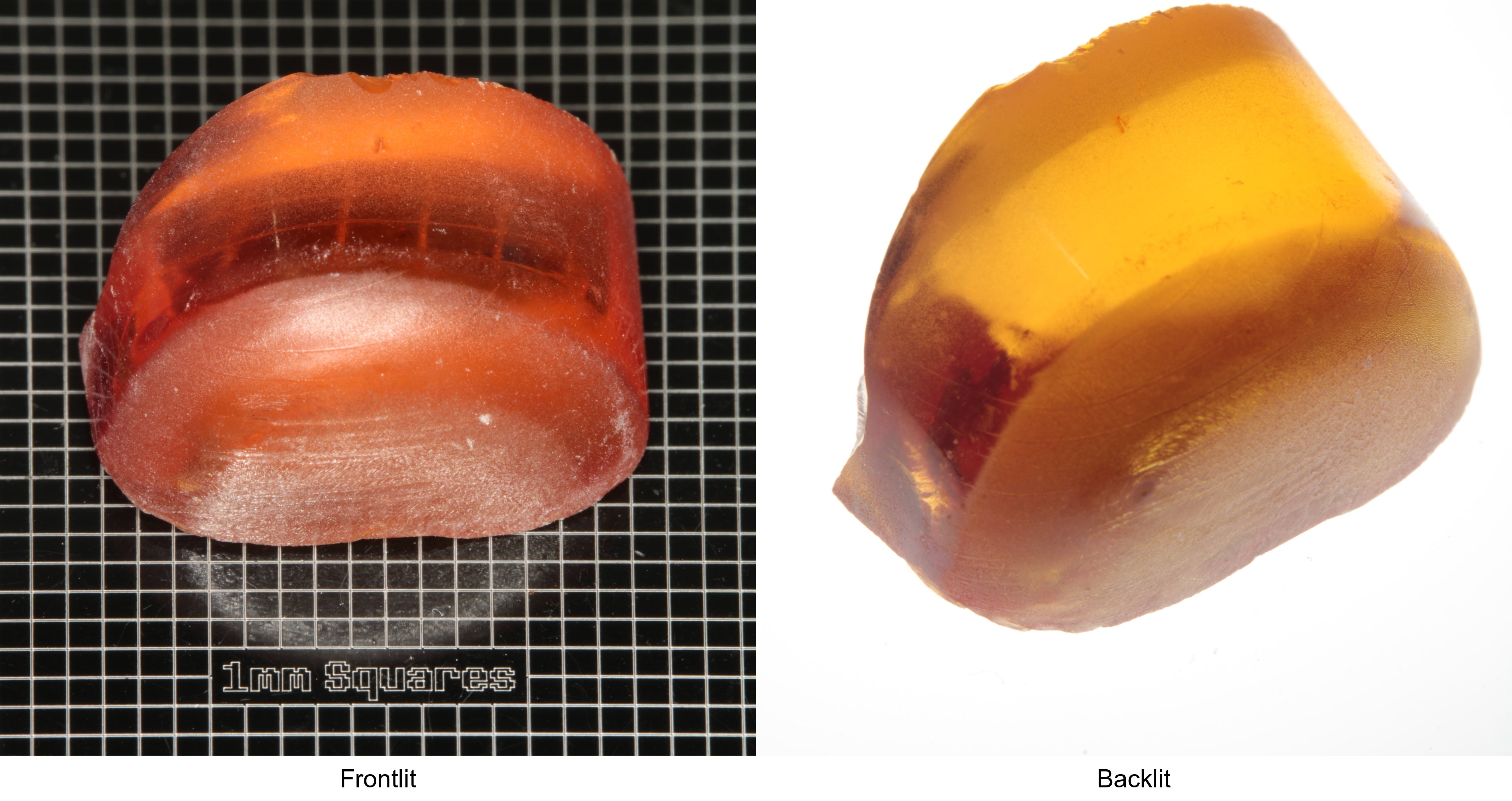 Rough Orange Flame Fusion Sapphire, Semicircle Tail Shaped Piece shown in both normal light and backlit.