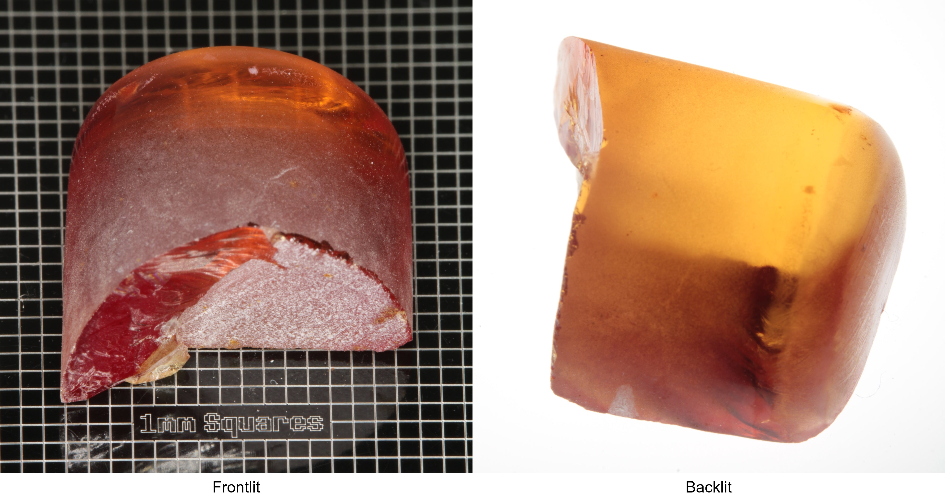 Rough Orange Flame Fusion Sapphire, Semicircle Tail Shaped Piece shown in both normal light and backlit.