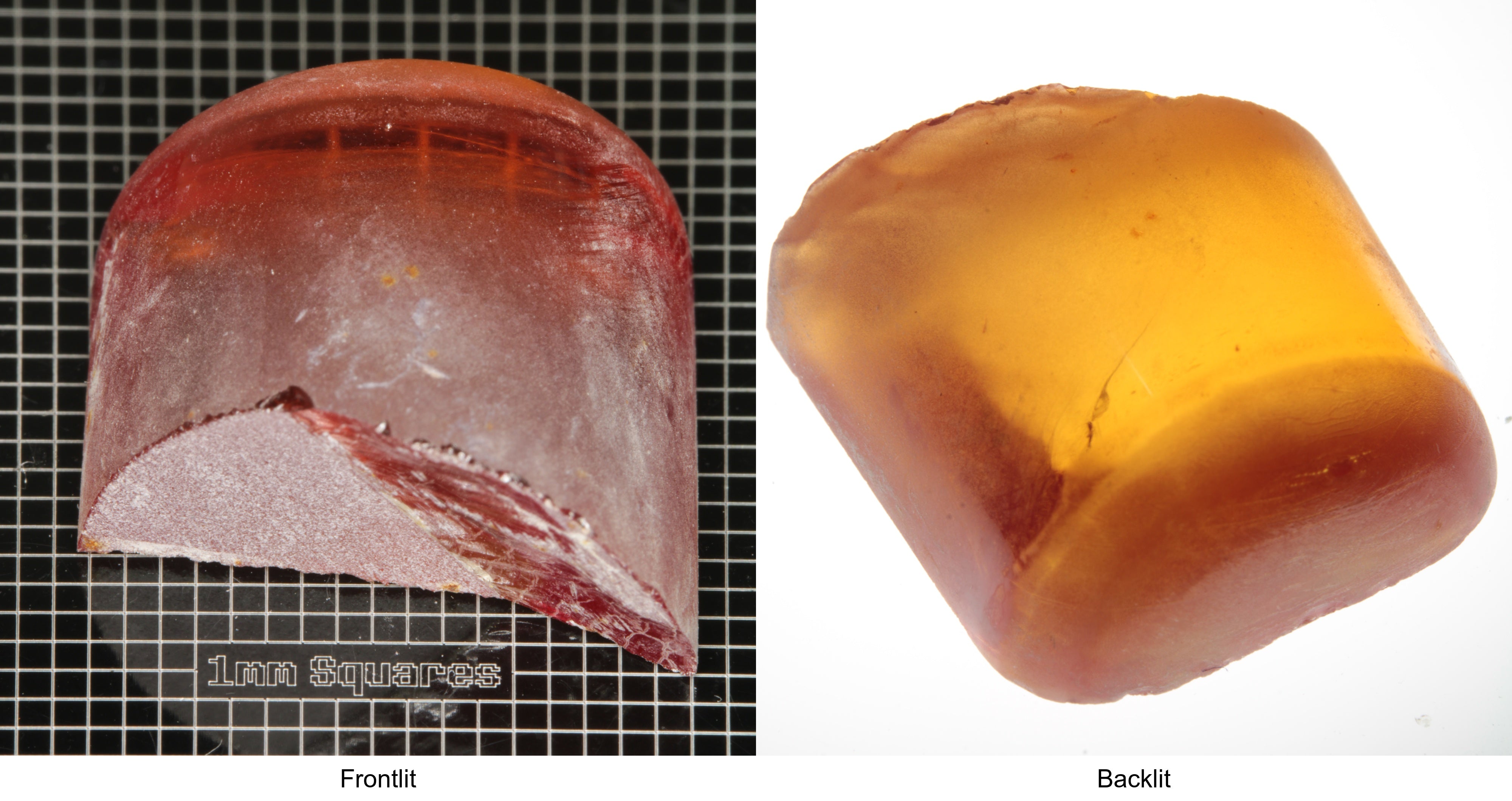 Rough Orange Flame Fusion Sapphire, Semicircle Tail Shaped Piece shown in both normal light and backlit.