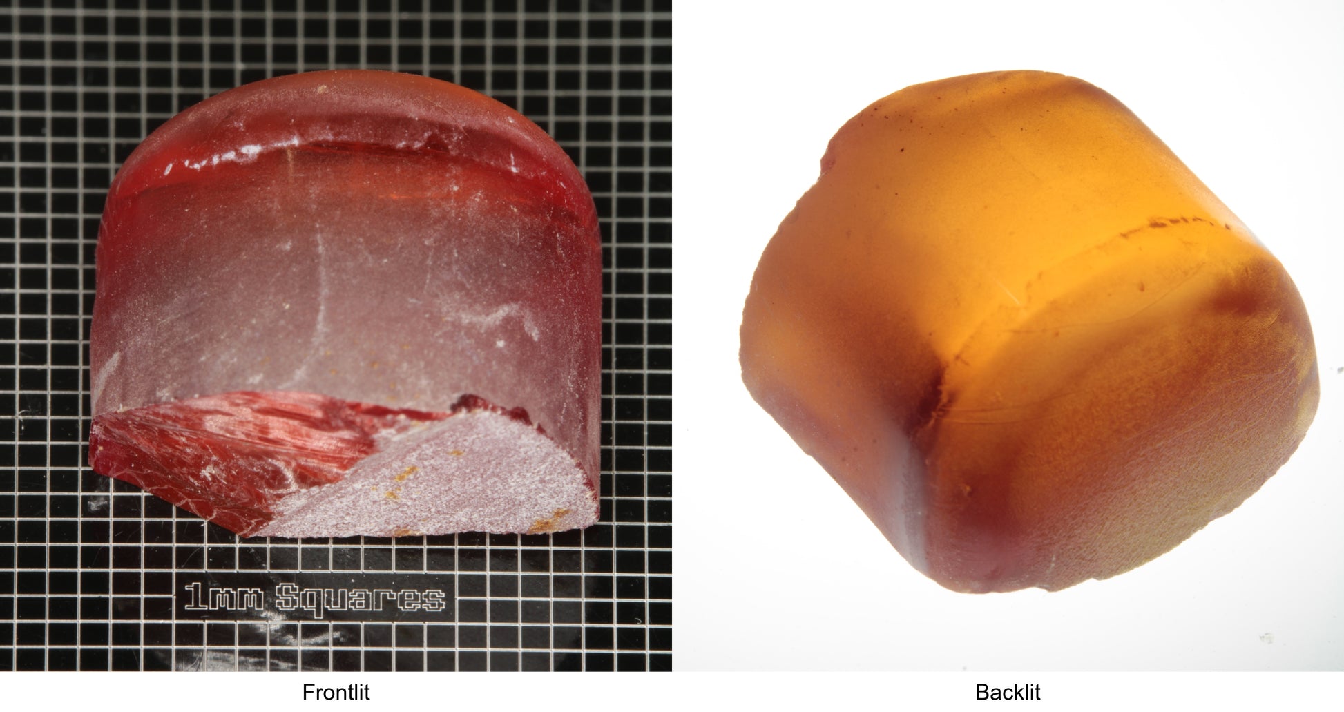 Rough Orange Flame Fusion Sapphire, Semicircle Tail Shaped Piece shown in both normal light and backlit.