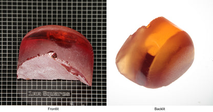 Rough Orange Flame Fusion Sapphire, Semicircle Tail Shaped Piece shown in both normal light and backlit.