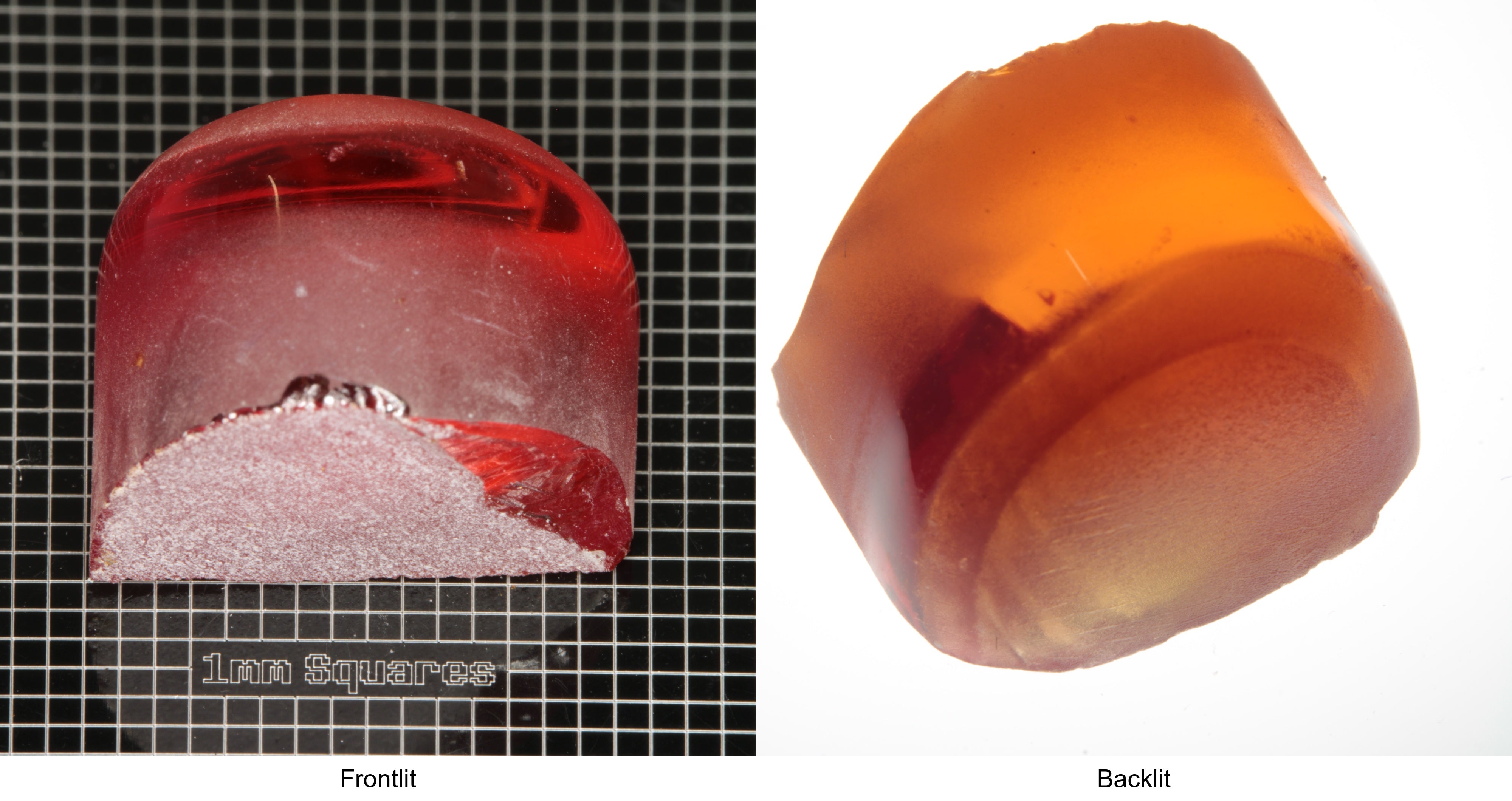 Rough Orange Flame Fusion Sapphire, Semicircle Tail Shaped Piece shown in both normal light and backlit.
