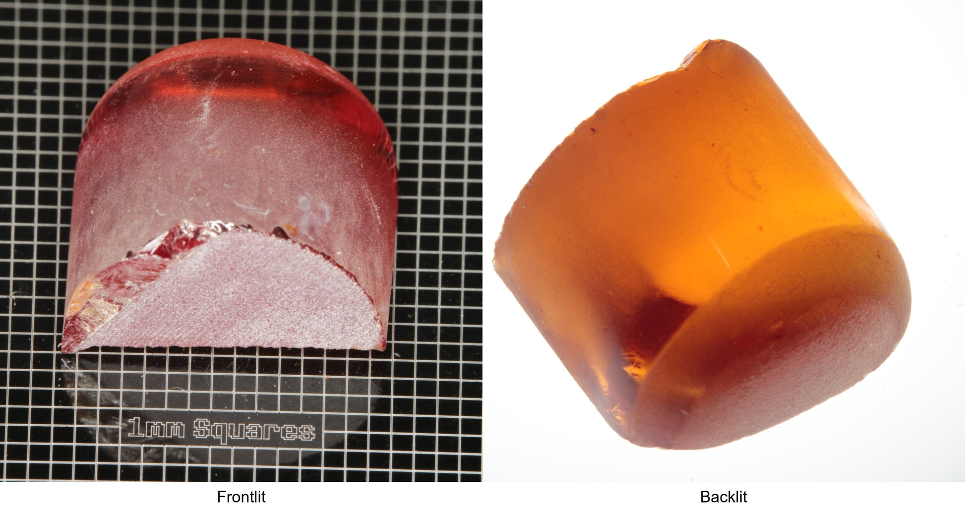 Rough Orange Flame Fusion Sapphire, Semicircle Tail Shaped Piece shown in both normal light and backlit.