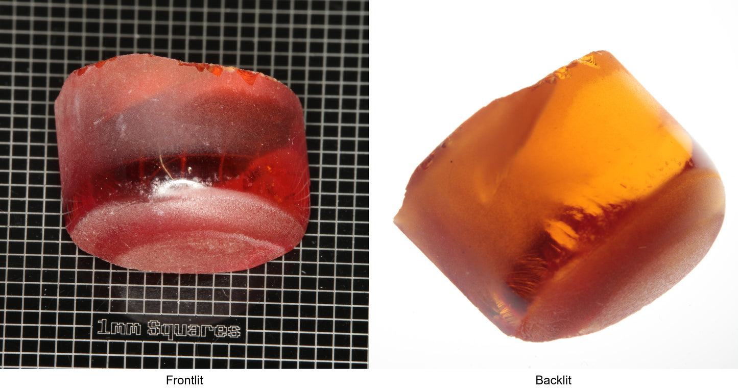 Rough Orange Flame Fusion Sapphire, Semicircle Tail Shaped Piece shown in both normal light and backlit.
