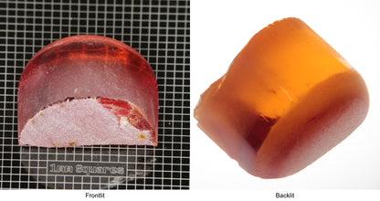 Rough Orange Flame Fusion Sapphire, Semicircle Tail Shaped Piece shown in both normal light and backlit.