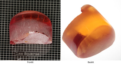 Rough Orange Flame Fusion Sapphire, Semicircle Tail Shaped Piece shown in both normal light and backlit.