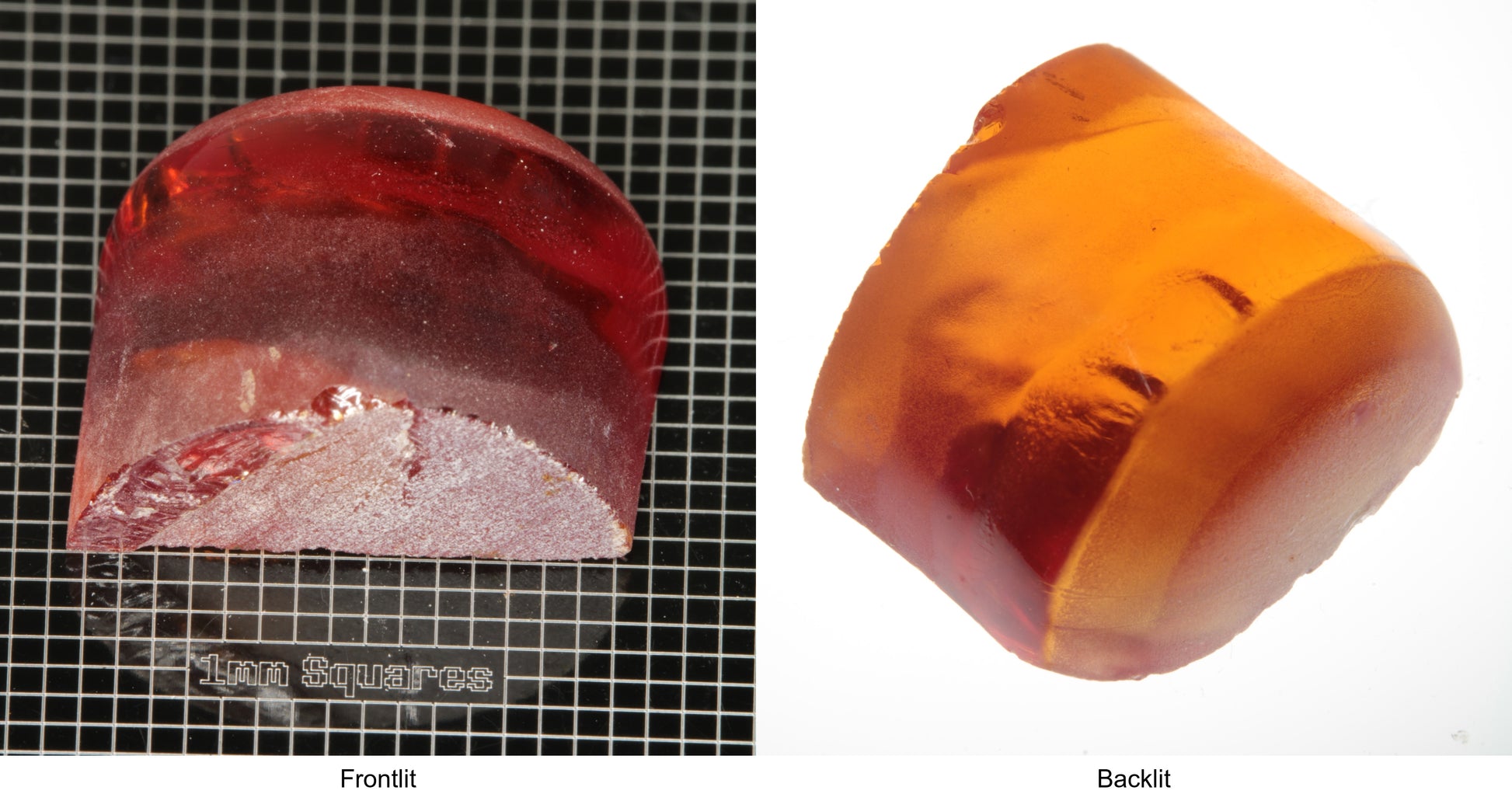 Rough Orange Flame Fusion Sapphire, Semicircle Tail Shaped Piece shown in both normal light and backlit.