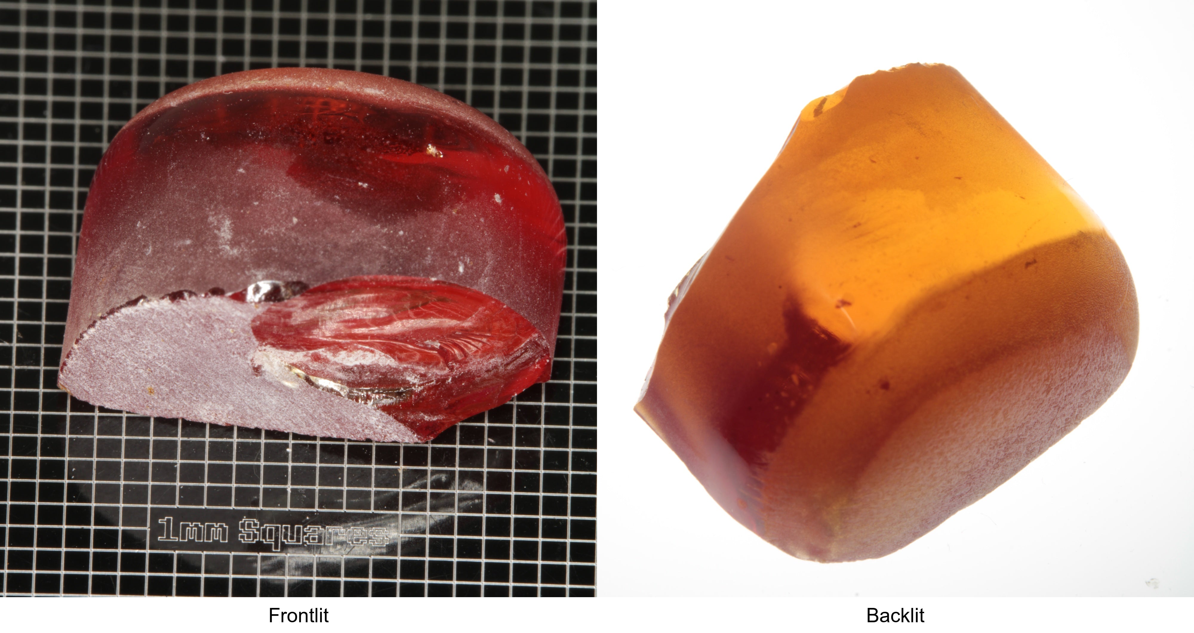 Rough Orange Flame Fusion Sapphire, Semicircle Tail Shaped Piece shown in both normal light and backlit.