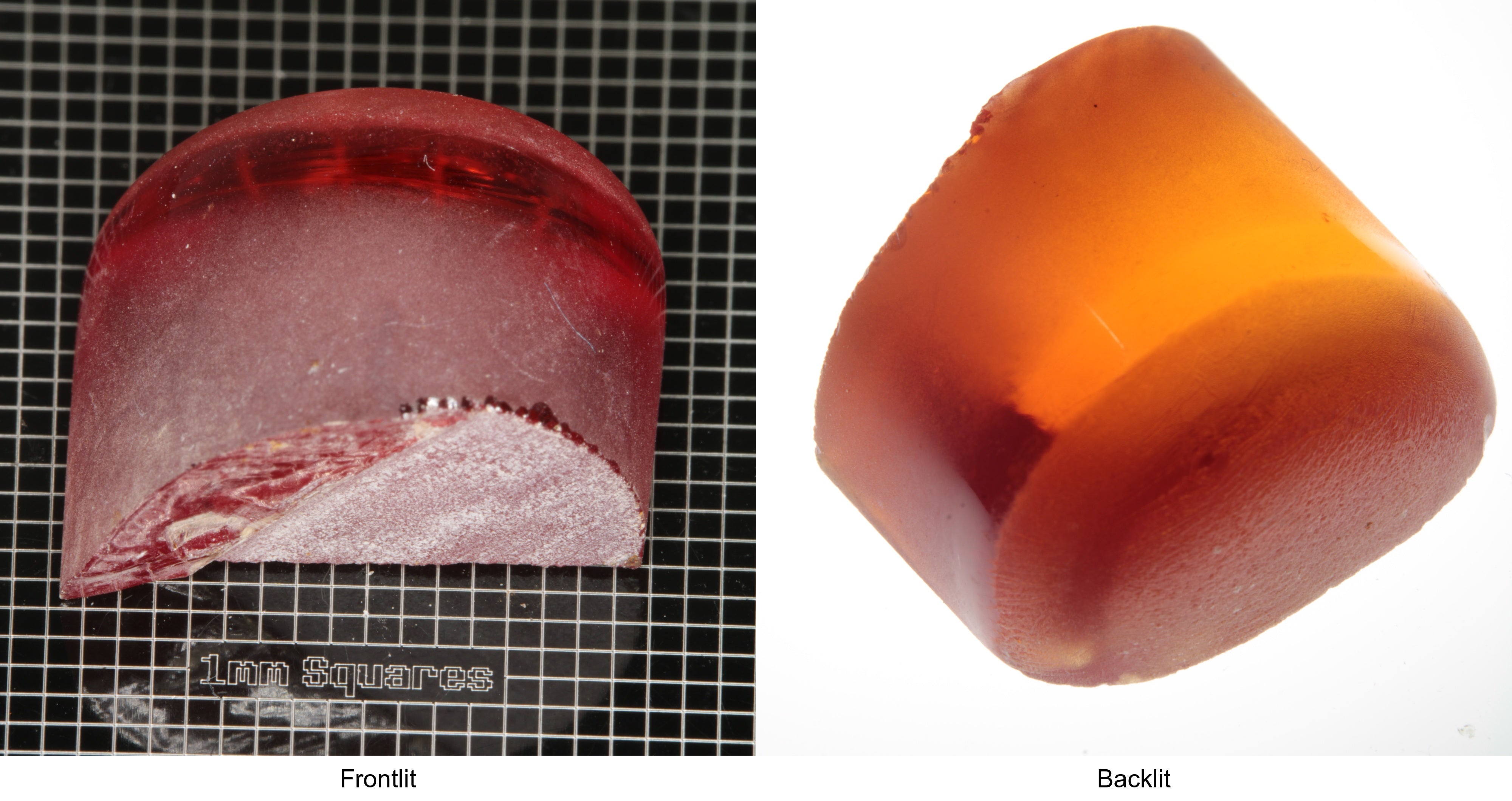 Rough Orange Flame Fusion Sapphire, Semicircle Tail Shaped Piece shown in both normal light and backlit.