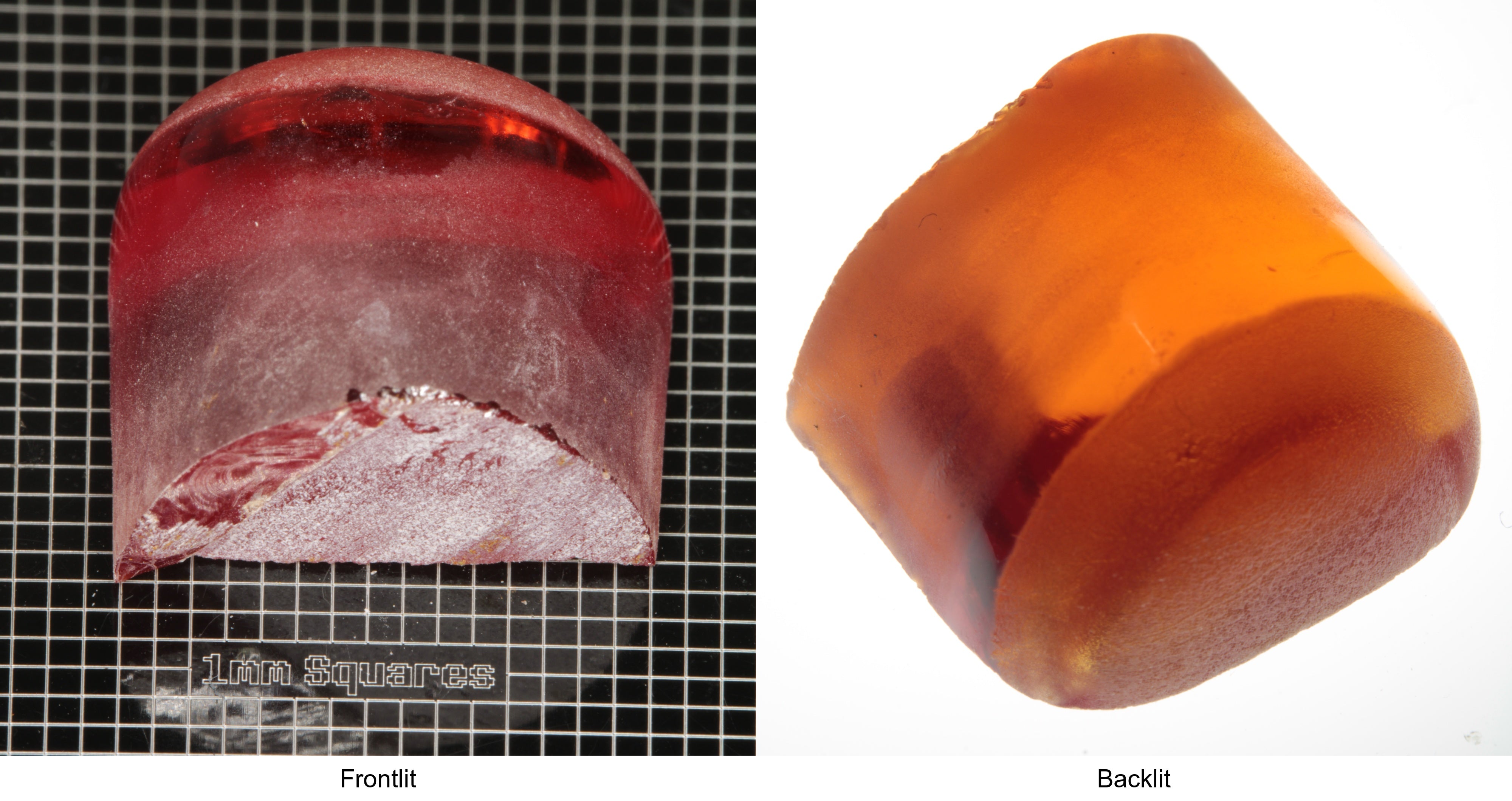 Rough Orange Flame Fusion Sapphire, Semicircle Tail Shaped Piece shown in both normal light and backlit.